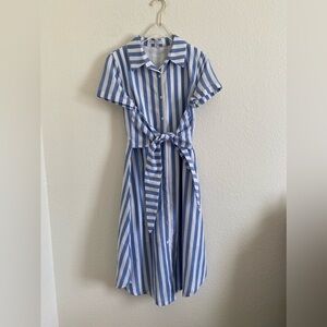 English Factory Striped Button Up Tie Waist Midi Dress